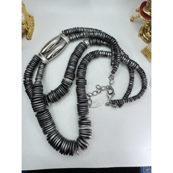 Chicos Chunky Metallic Gray SilverTone Disk Rhinestone Statement LayeredNecklace - Picture 7 of 9